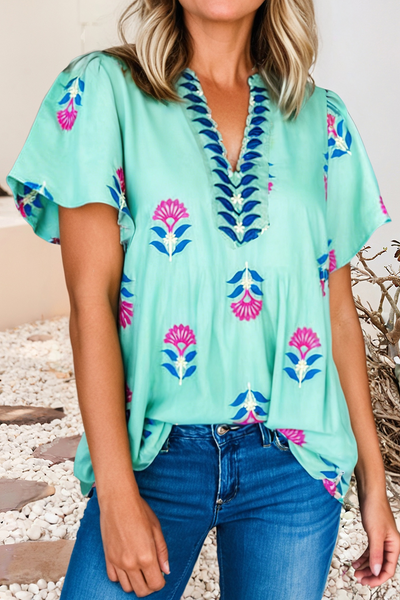 Green Floral V Neck Flutter Sleeve Blouse
