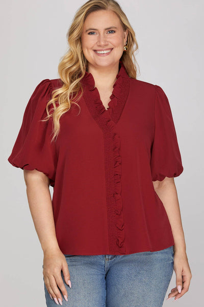 Wine Smocked Neck Bubble Sleeve Top
