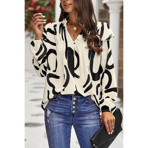 Beige and Black Abstract Puff Blouse*