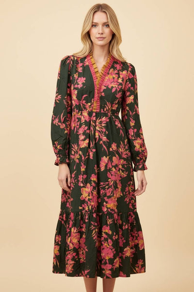Olive Floral Ruffle Neck Dress