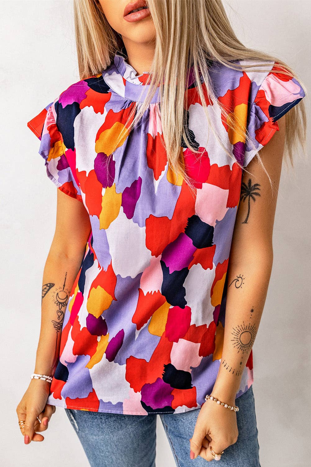 Red Abstract Ruffle Cap Sleeve