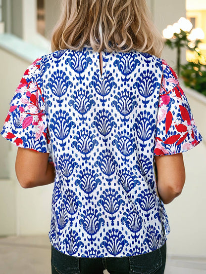 Royal and Red Patterned Puff Top