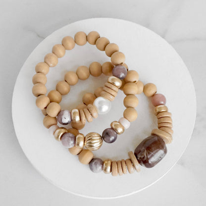 Purple Neutral Chunky Beaded Bracelets Set