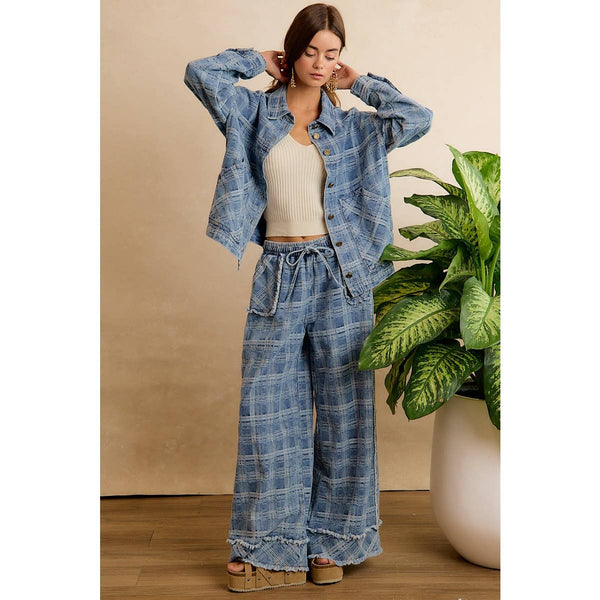 Frayed Plaid Wide Leg Jeans W/Pockets