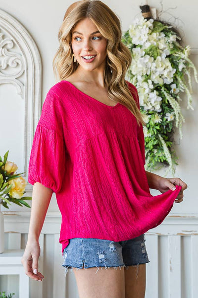 Eyelet Embroidered V-Neck Puff Sleeve Black