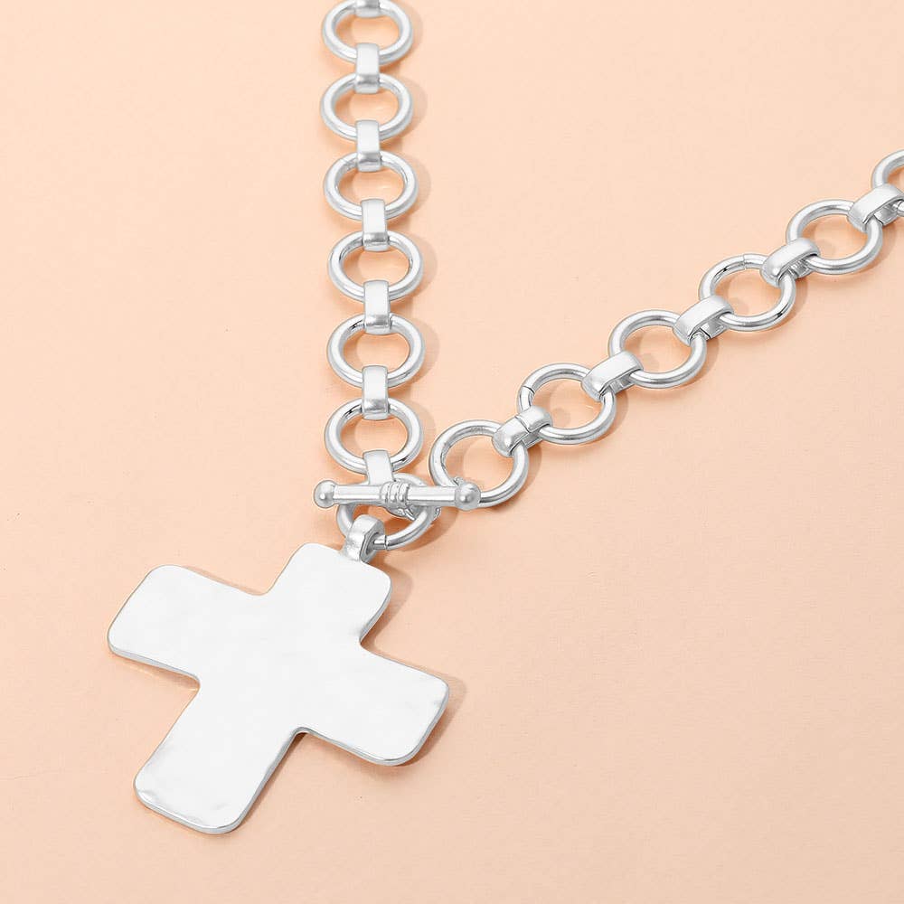 Hammered Cross Pendant Chunky Necklace