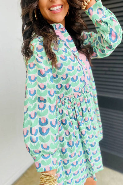 Mint Floral Scalloped Button Dress