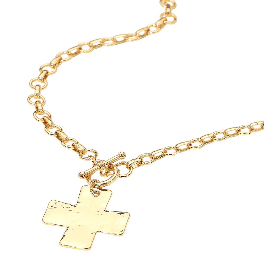 Hammered Metal Cross Pendant Chunky Chain Necklace
