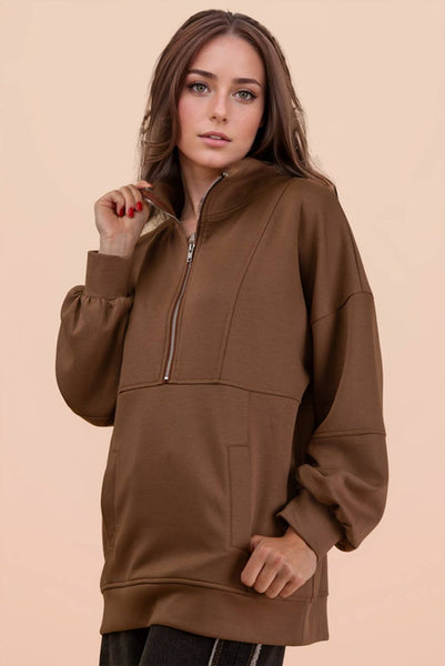 Mocha Half Zip UP Oversized Pull Over