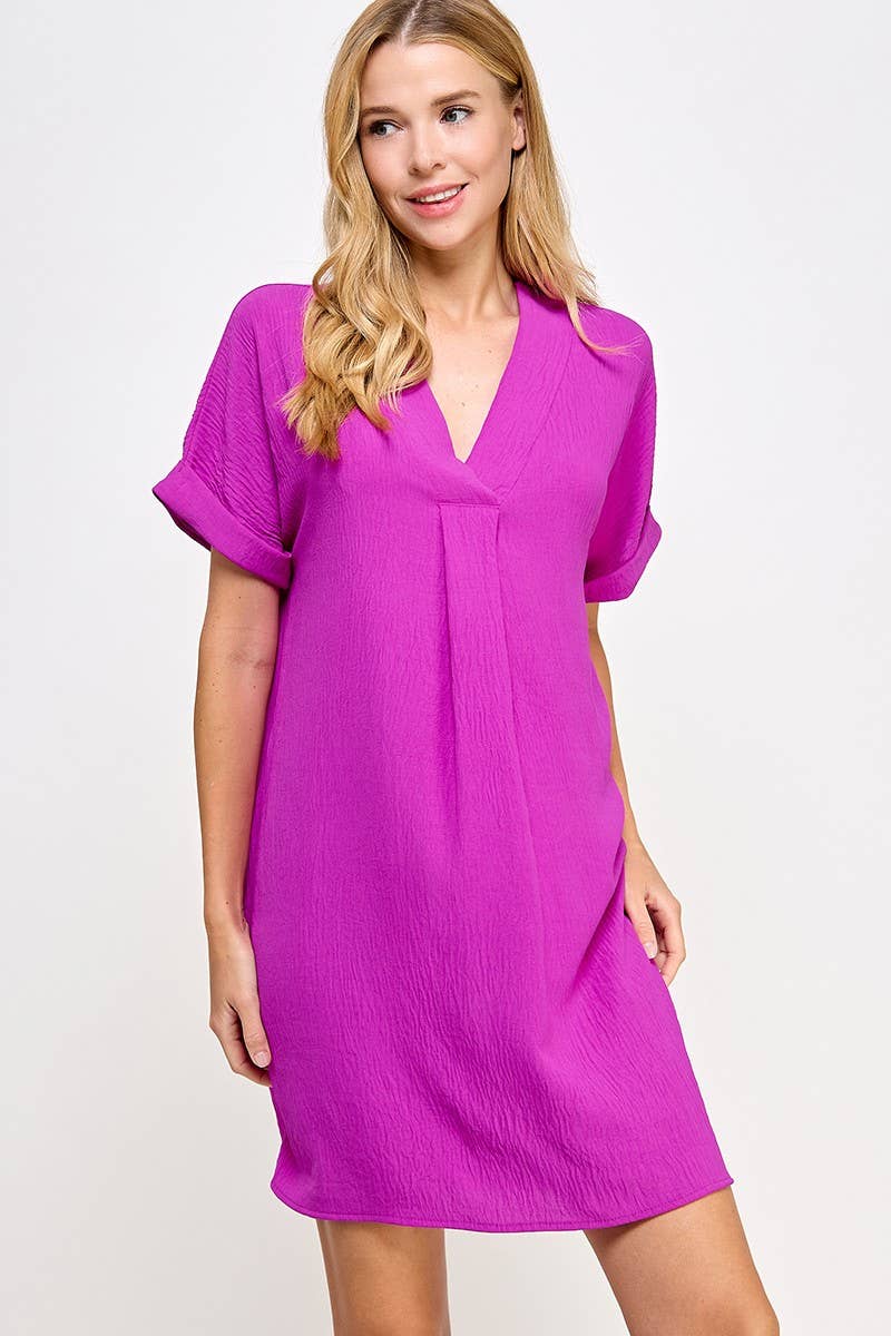 Magenta Solid V-neck Dress