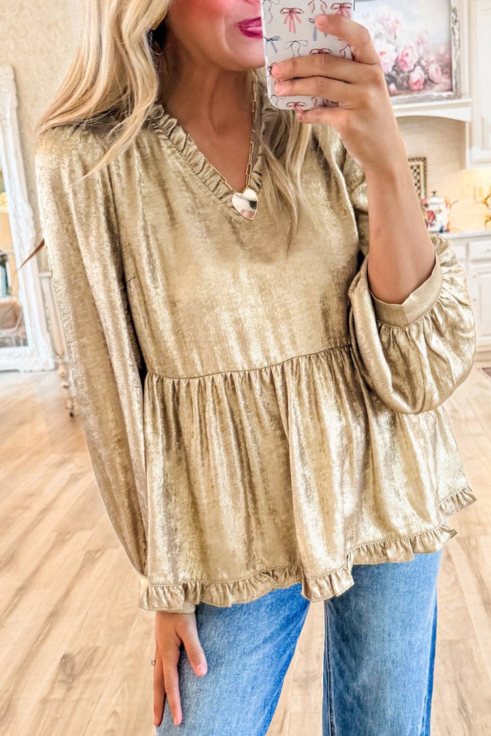 Gold Metallic Puff Sleeve Babydoll Blouse