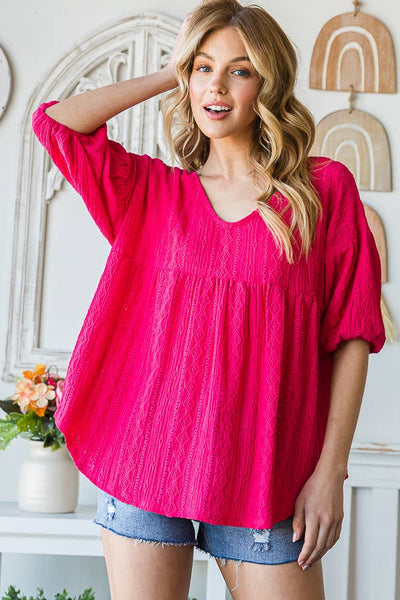 Eyelet Embroidered V-Neck Puff Sleeve Black