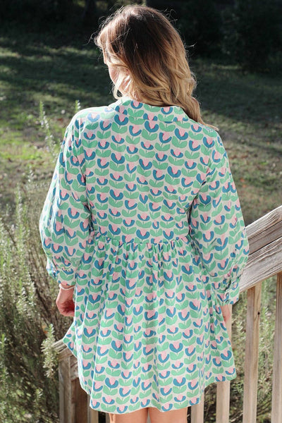 Mint Floral Scalloped Button Dress