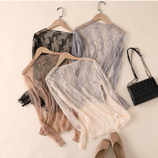 Sheer Lace Mesh Long Sleeve Top Caramel