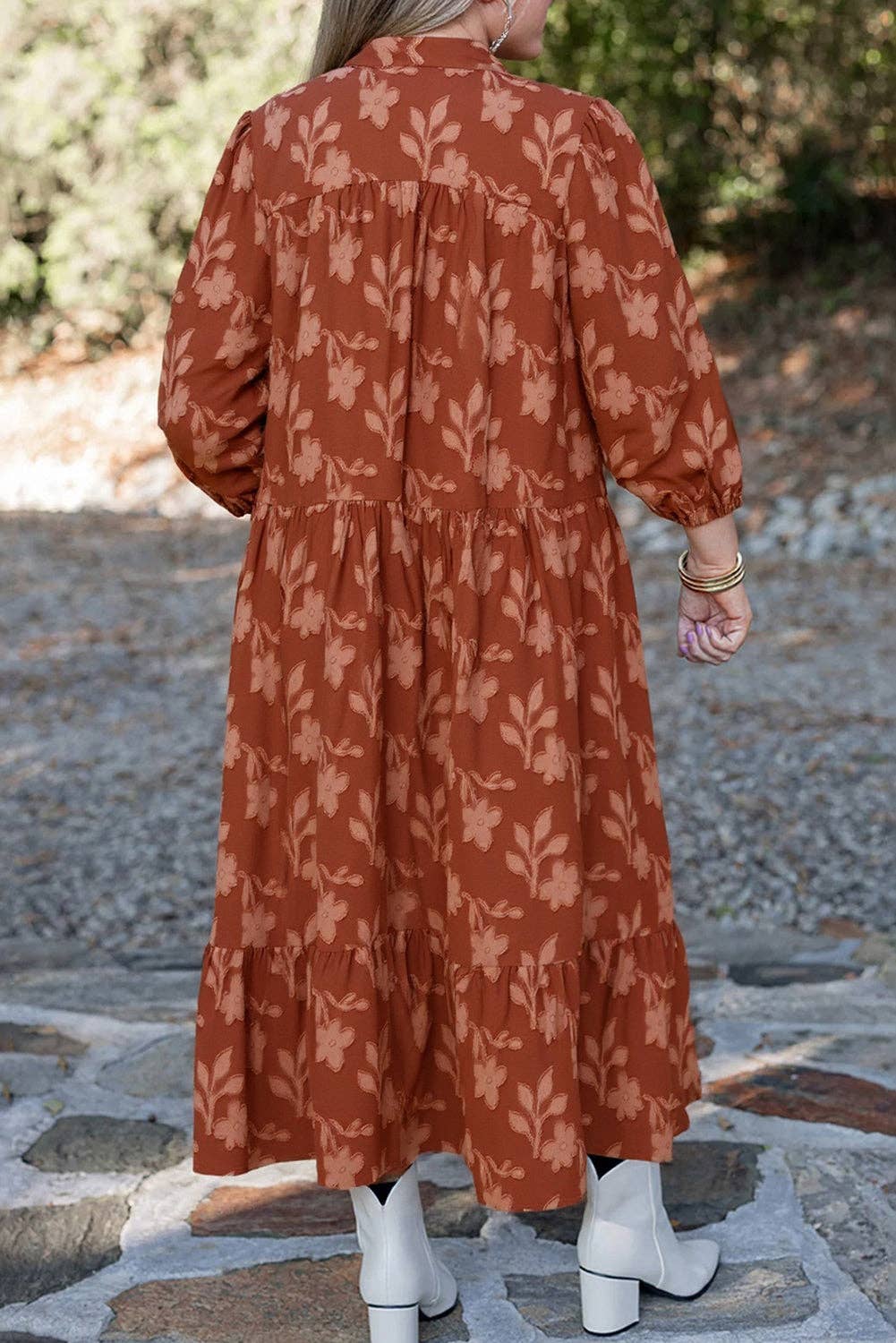 Cinnamon Textured Ruffle Hem Midi Dress