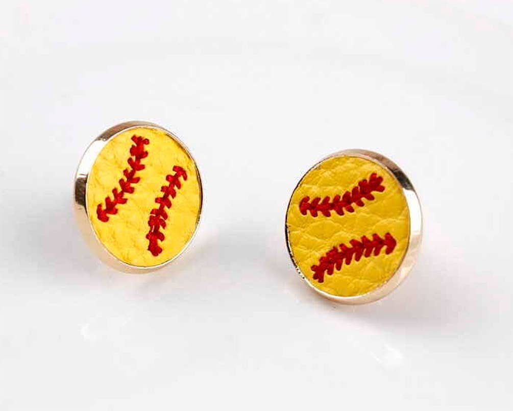 Yellow Baseball Leather Stud Earrings