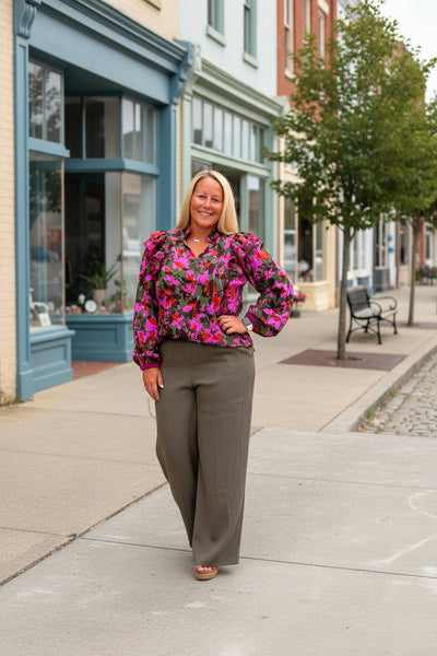 Floral Print Piped Ruffle Long Sleeve Blouse