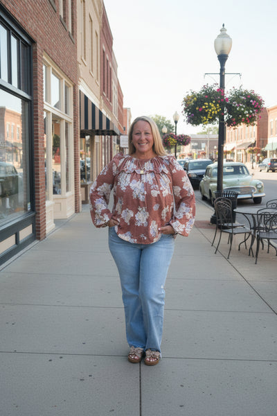 Rustic Floral Ruffle Yoke Blouse