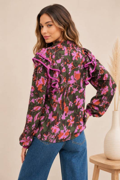 Floral Print Piped Ruffle Long Sleeve Blouse