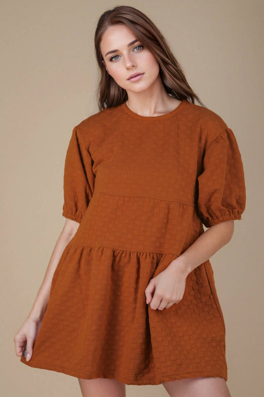 Camel Quilted Knit Mini Dress