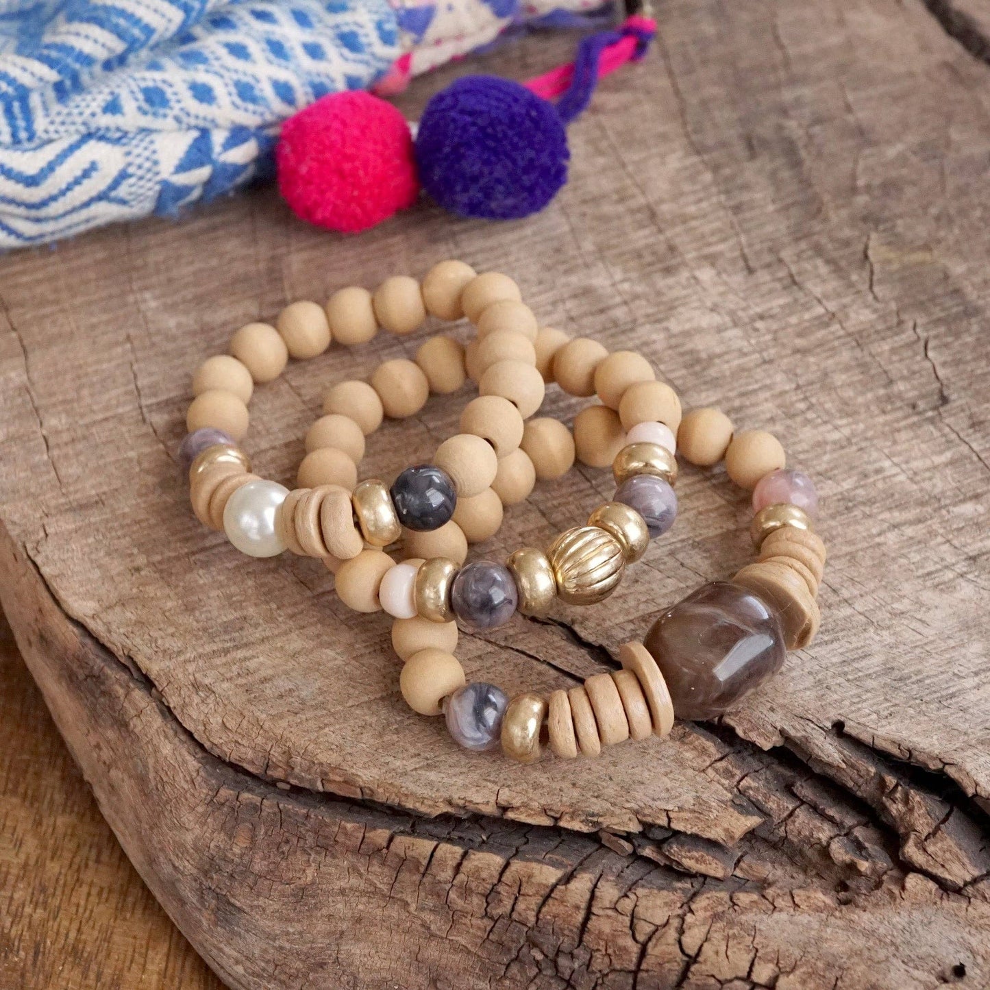 Purple Neutral Chunky Beaded Bracelets Set