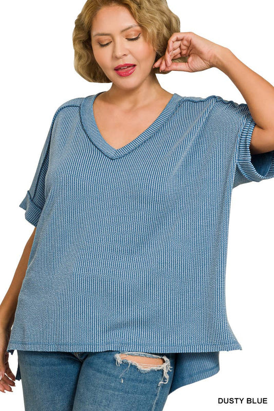 Corded Rib Short Sleeve Hi-low V Neck Top