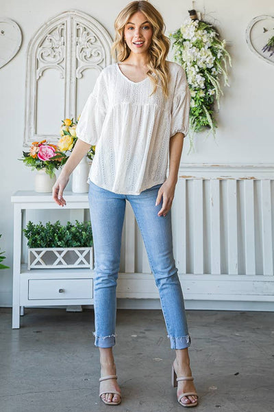 Eyelet Embroidered V-Neck Puff Sleeve Black