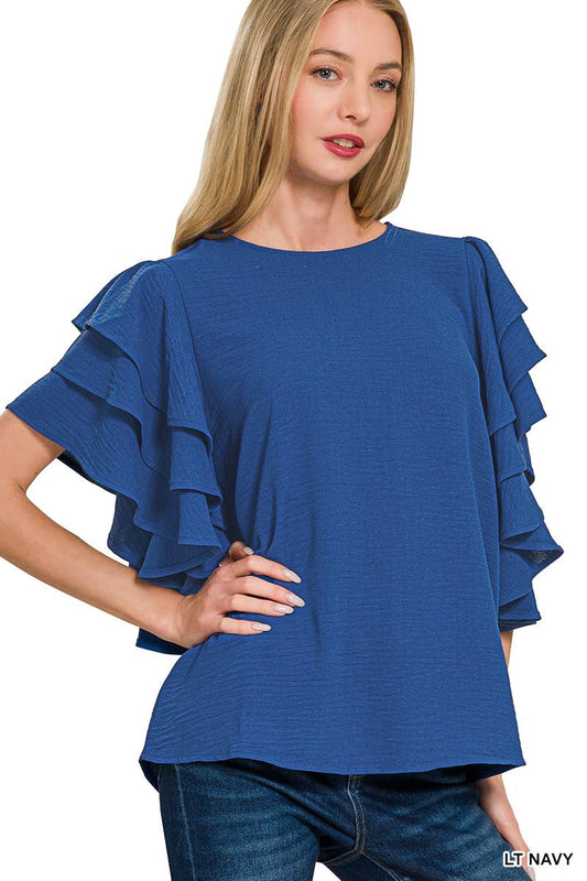 Ruffle Sleeve Top Lt Navy