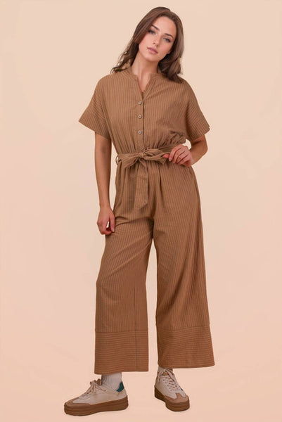 Camel Half Button Down Stripe Linen Jumpsuit