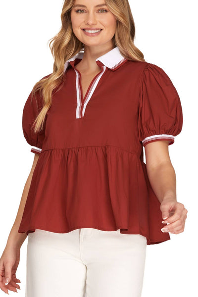 Short Sleeve Rib Band Collar Woven Top
