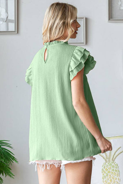 Crinkle Keyhole Ruffle Top Avocado
