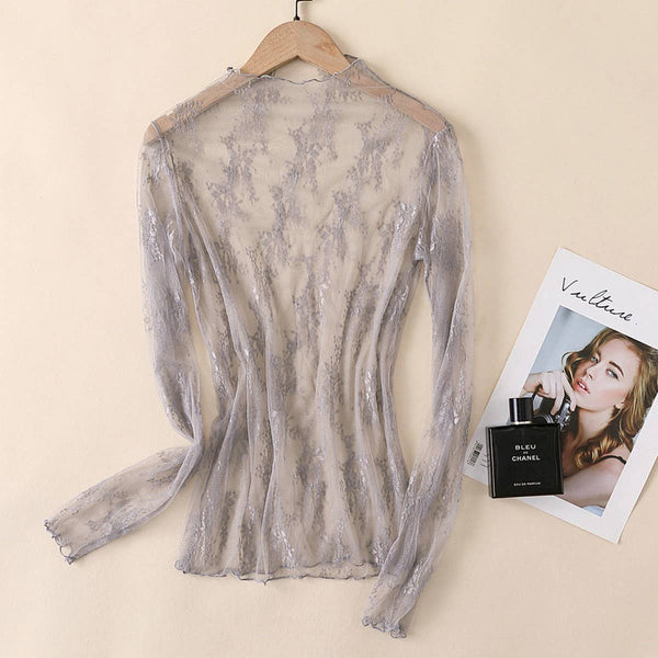 Sheer Lace Mesh Long Sleeve Top Caramel