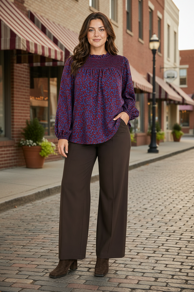 Burgundy Floral Smocked Mock Neck Blouse