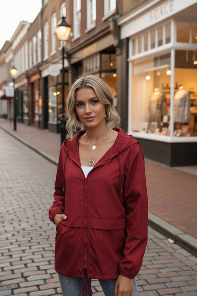 Zip-Up Hooded Casual Jacket: WINE