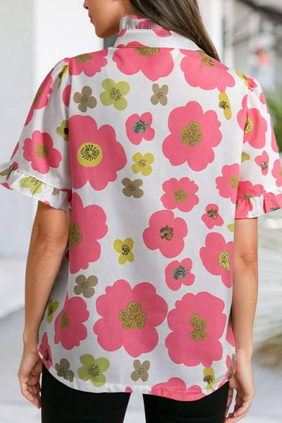 Sassy Floral Ruffle Striped Collar Top