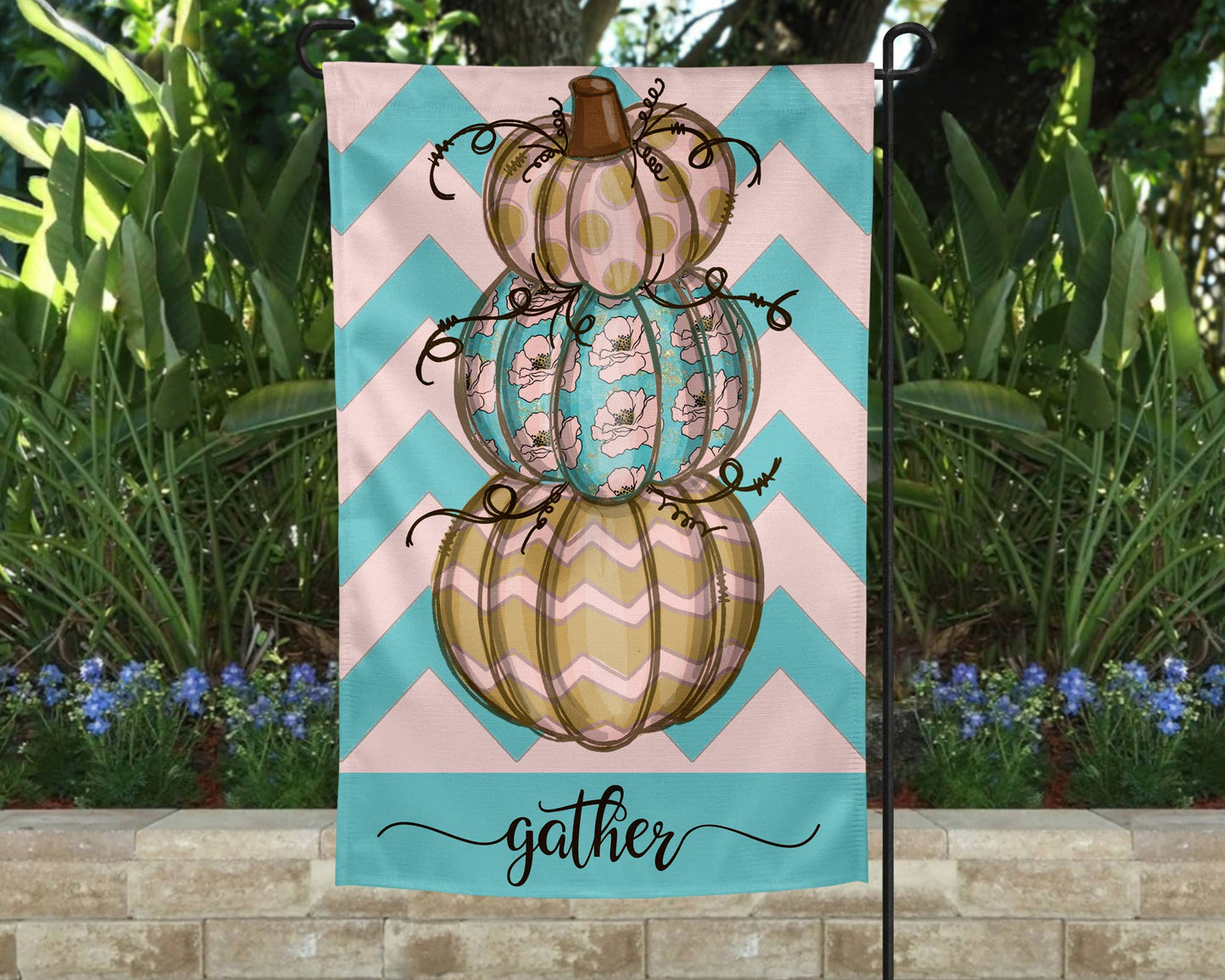 Garden Flag: Gather Blue and White Pumpkin Chevron