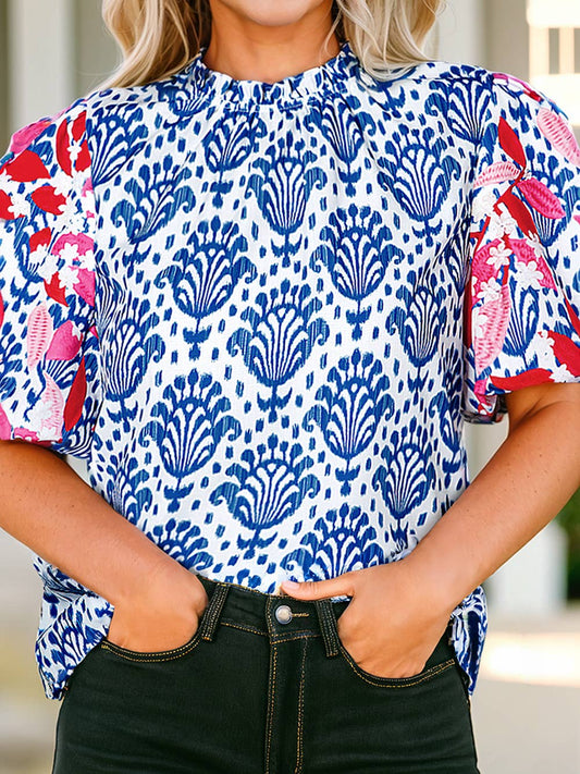 Royal and Red Patterned Puff Top