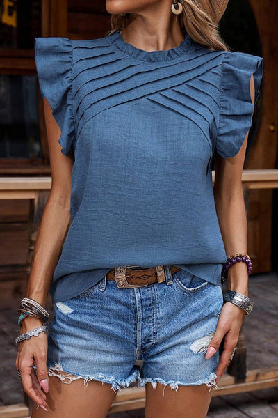 Ruffle Sleeve Pleated Top Green