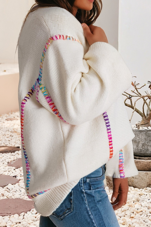 Colorful Stitched White Sweater