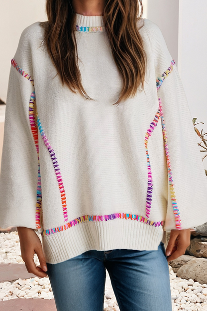 Colorful Stitched White Sweater
