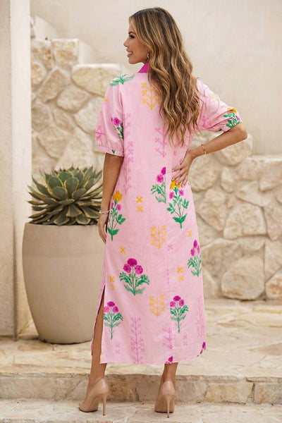 Pink Floral V Neck Dress