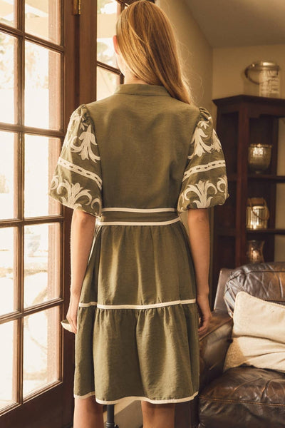 Olive Embroidered Tiered Mini Dress