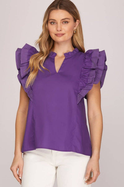 Ruffle Sleeve Stich Detail Game Day Top Purple