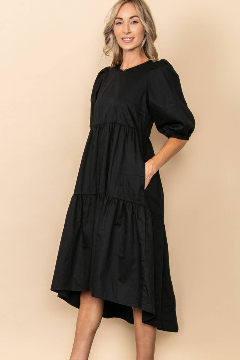 Black Poplin Tiered High-Low Midi Dress*