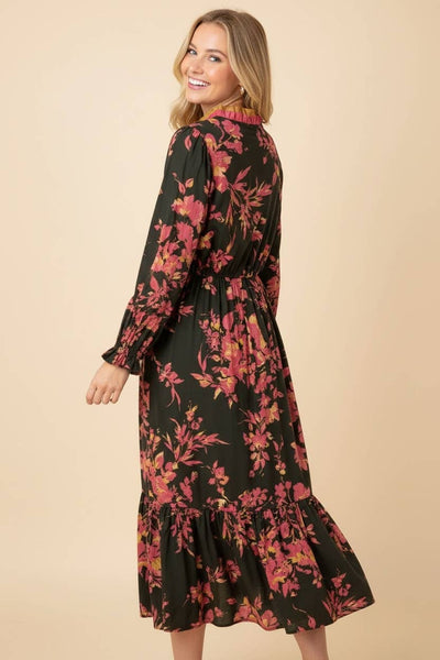 Olive Floral Ruffle Neck Dress