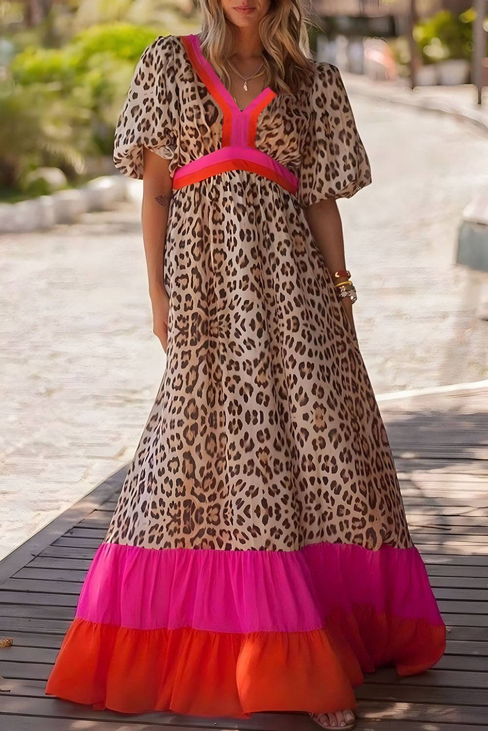 Leopard Bubble Sleeve Maxi