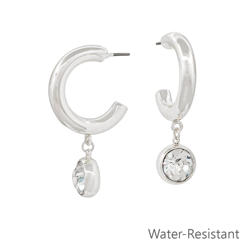 Water Resistant 1.5" Hoop Earring with Circle Crystal Drop