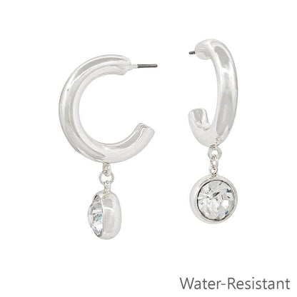 Water Resistant 1.5" Hoop Earring with Circle Crystal Drop