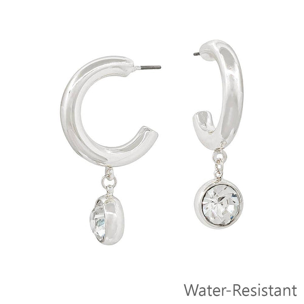 Water Resistant 1.5" Hoop Earring with Circle Crystal Drop