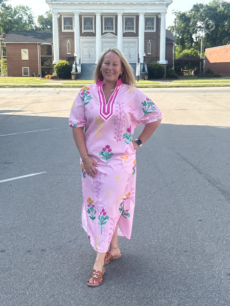 Pink Floral V Neck Dress